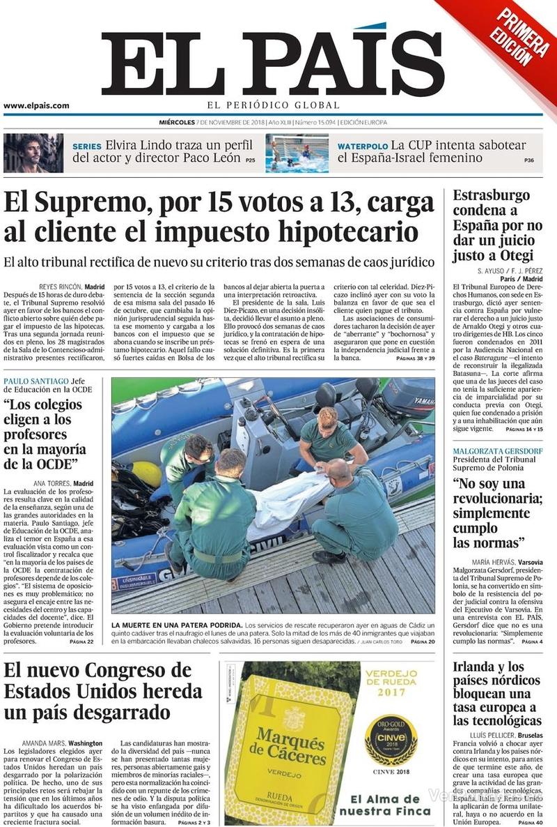 Portada El País 2018-11-08