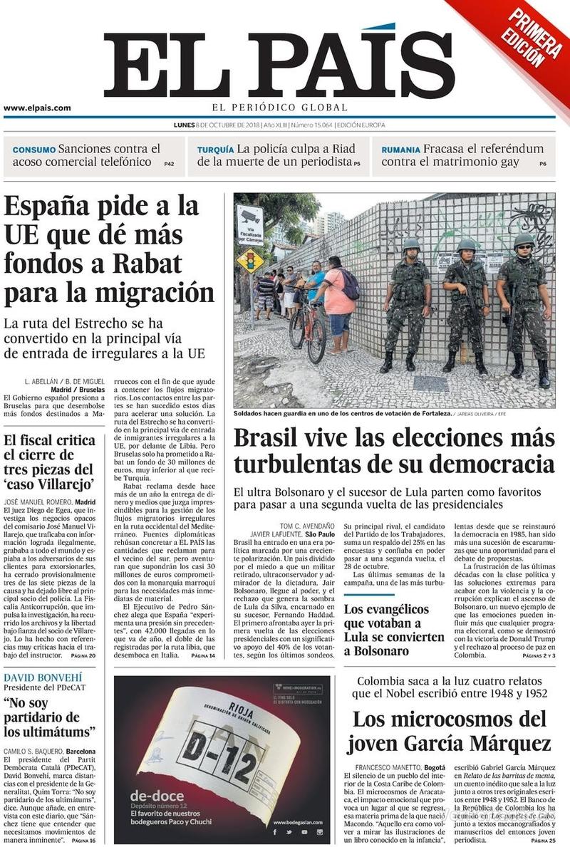 Portada El País 2018-10-09