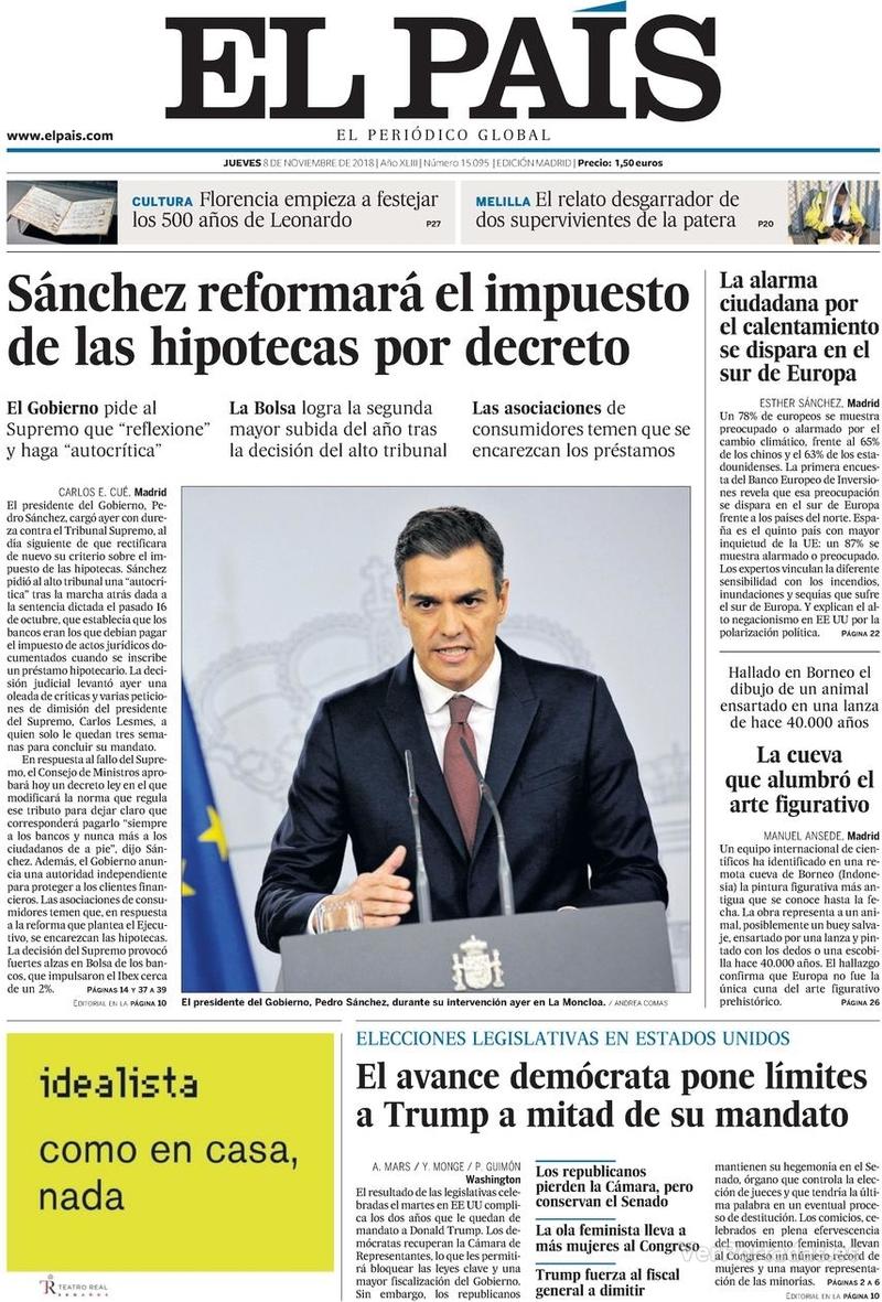 Portada El País 2018-11-09