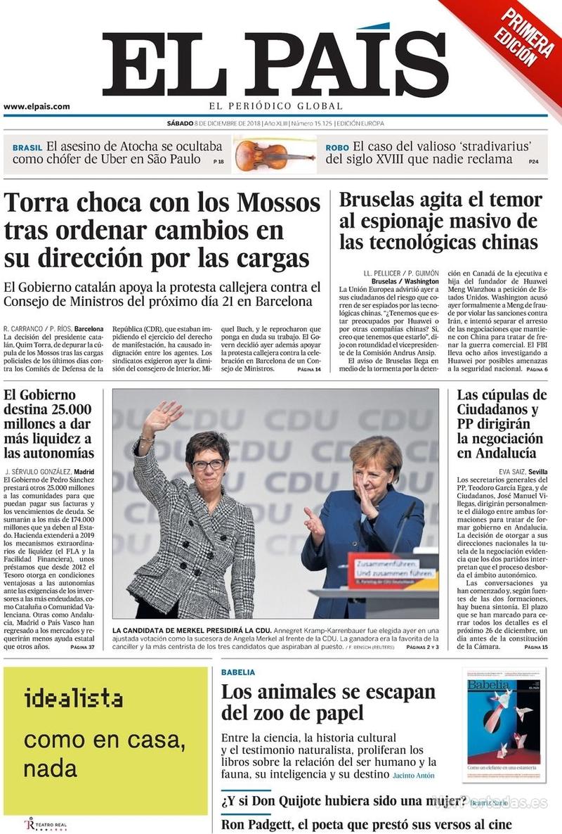 Portada El País 2018-12-09