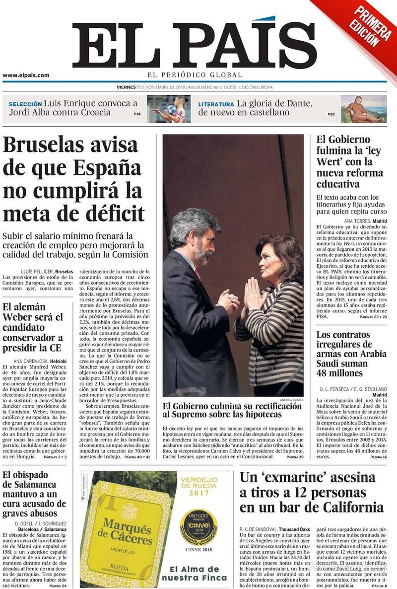 Portada El País 2018-11-10