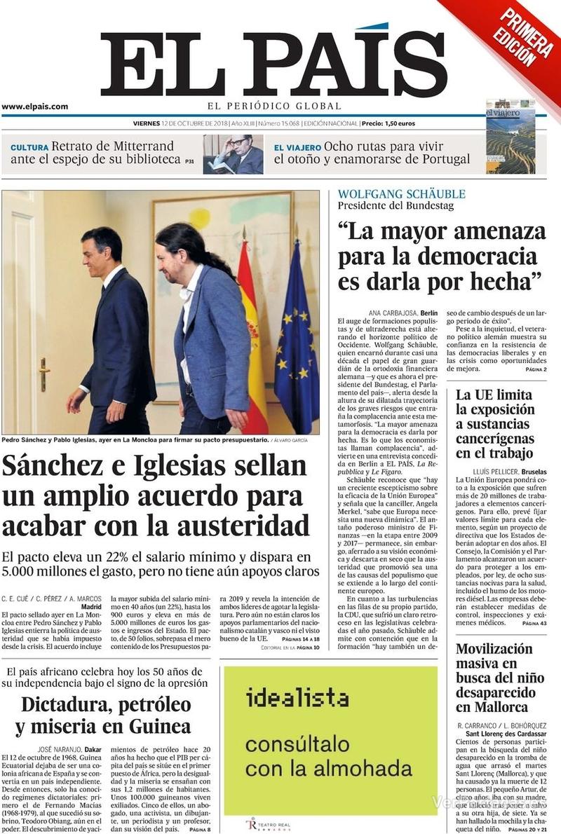 Portada El País 2018-10-13