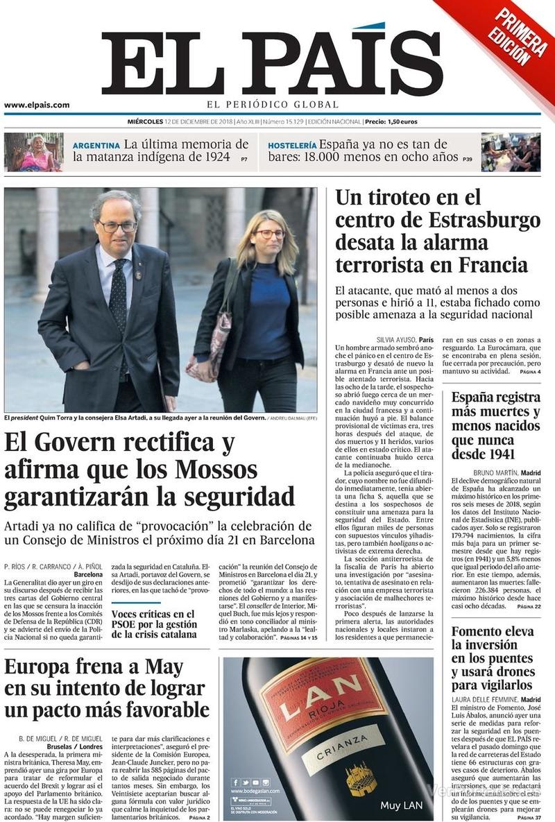 Portada El País 2018-12-13