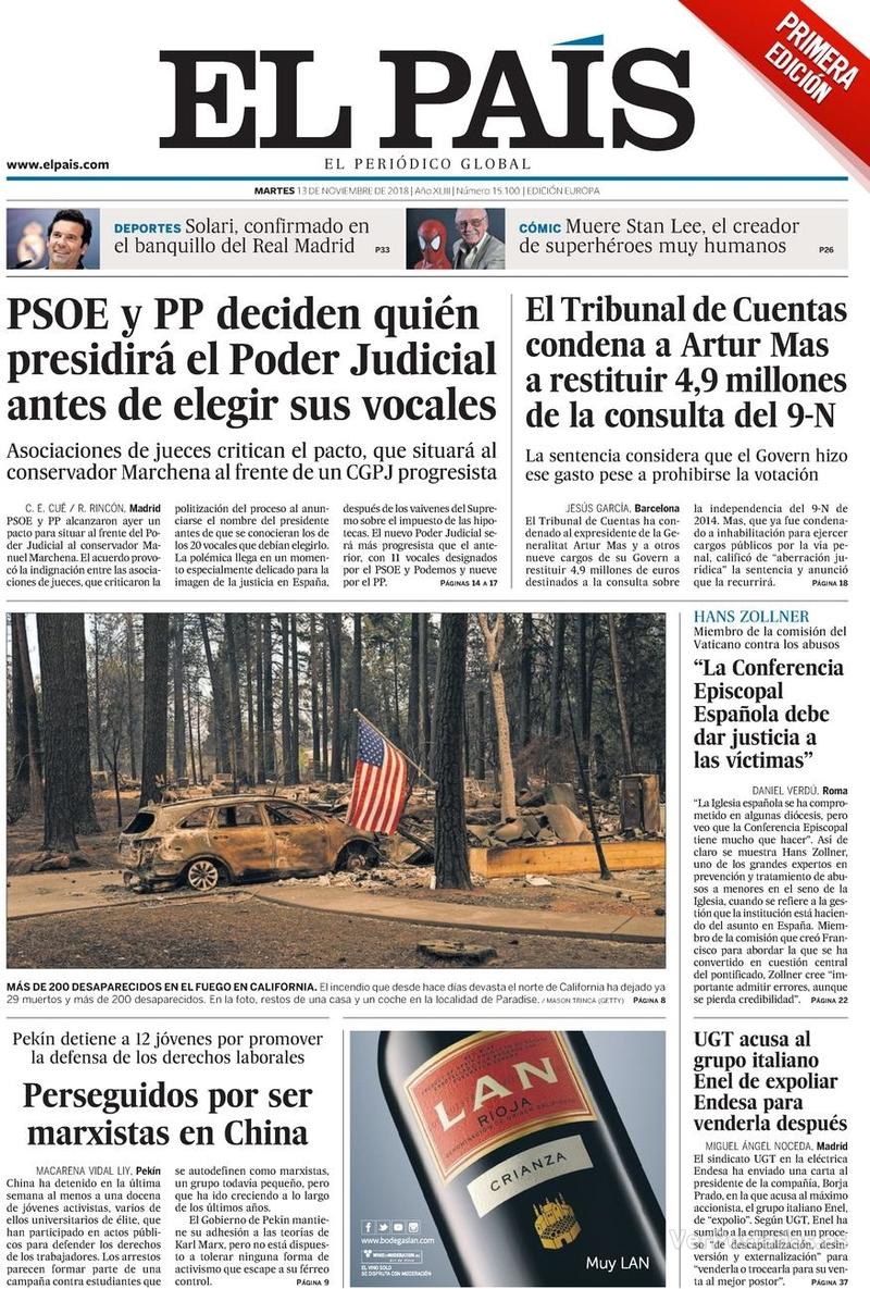 Portada El País 2018-11-14