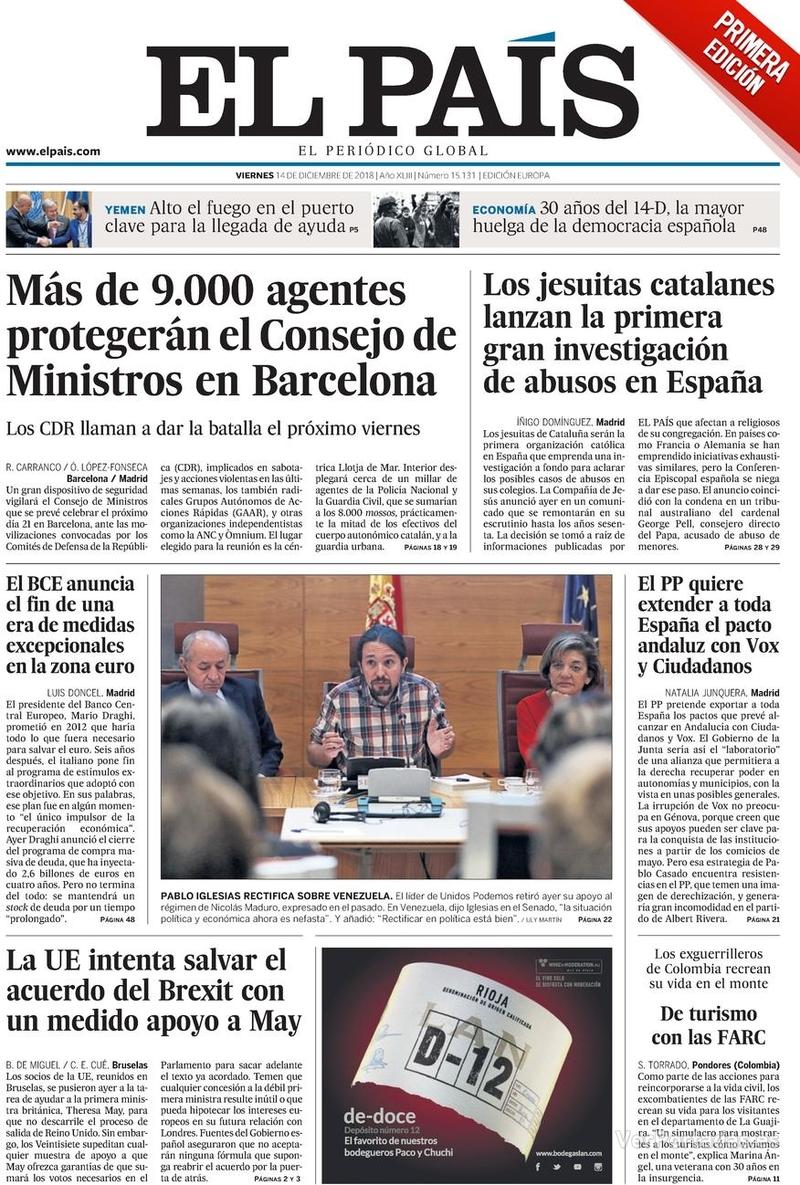 Portada El País 2018-12-15