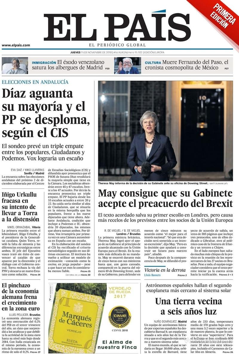 Portada El País 2018-11-16