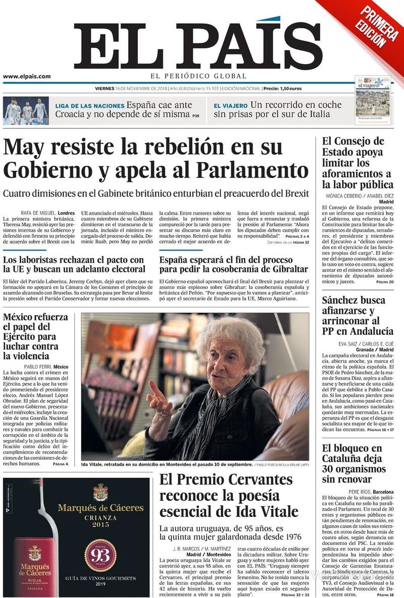 Portada El País 2018-11-17