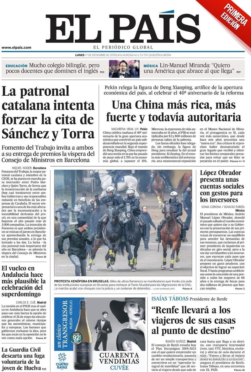 Portada El País 2018-12-18