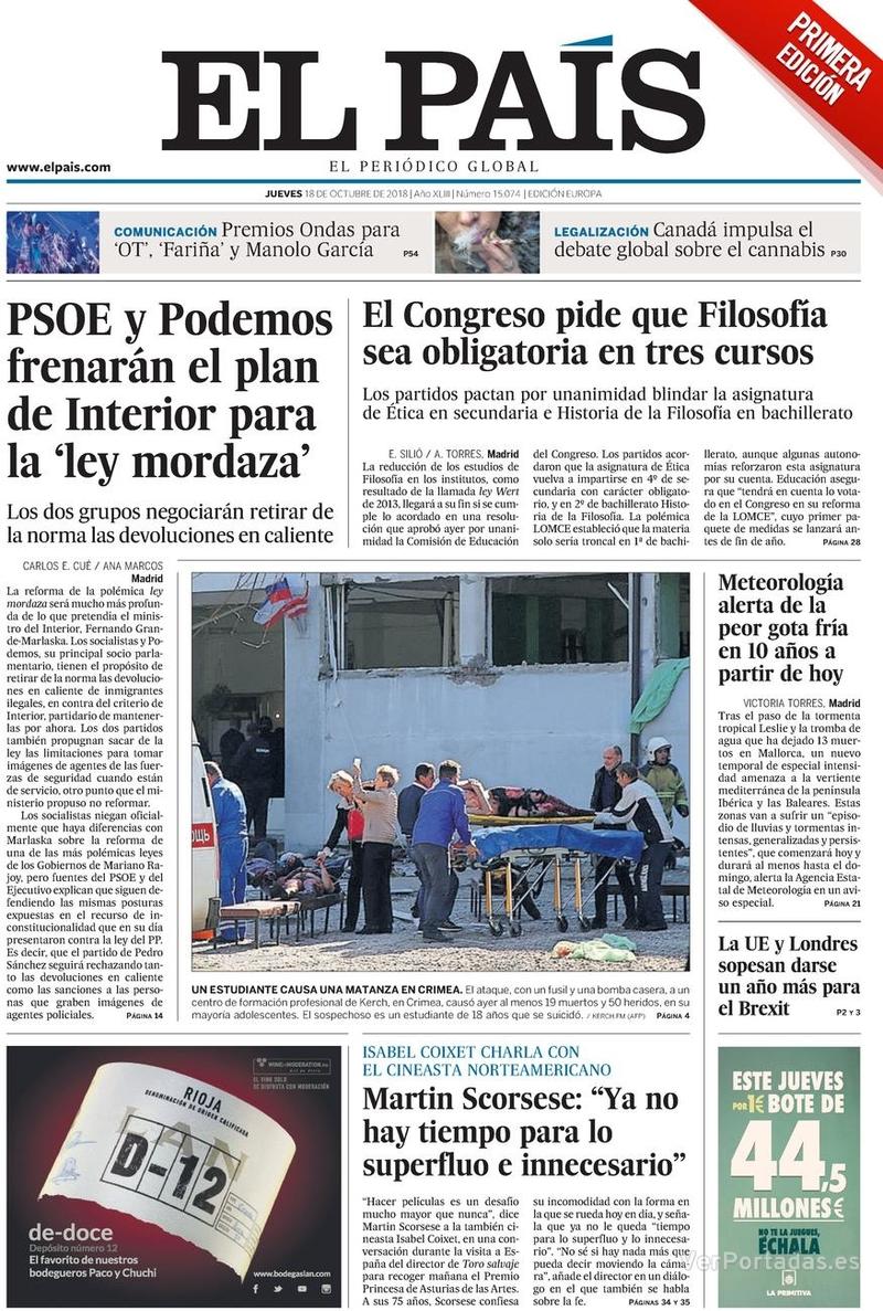 Portada El País 2018-10-19