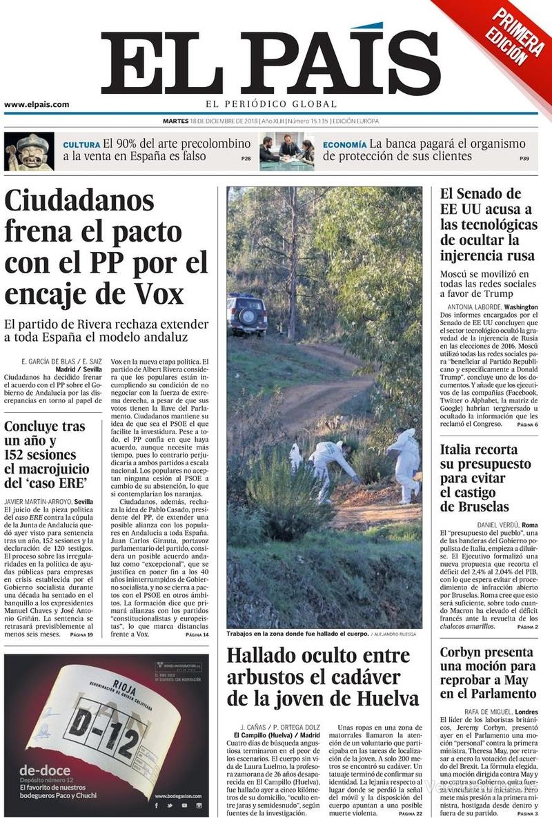 Portada El País 2018-12-19