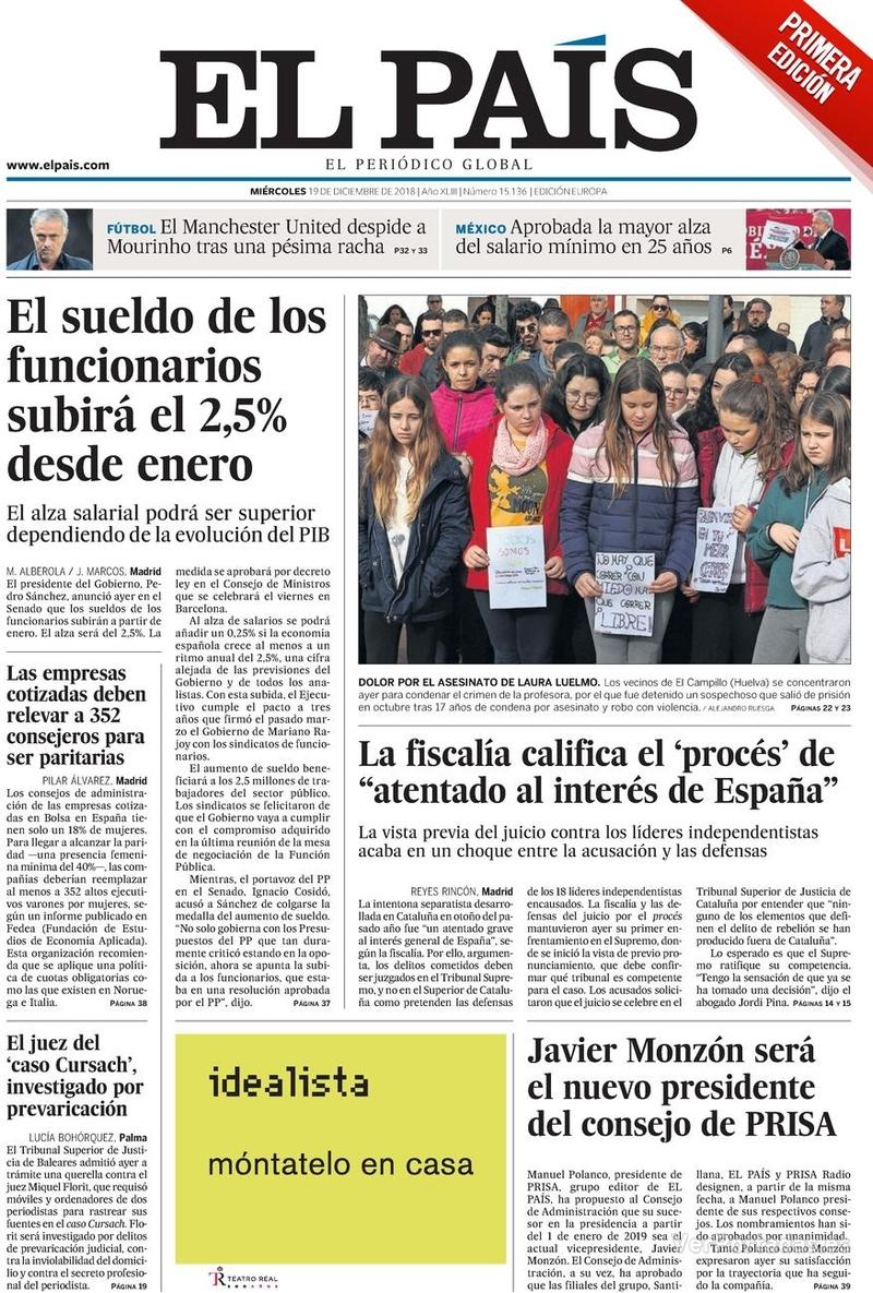 Portada El País 2018-12-20