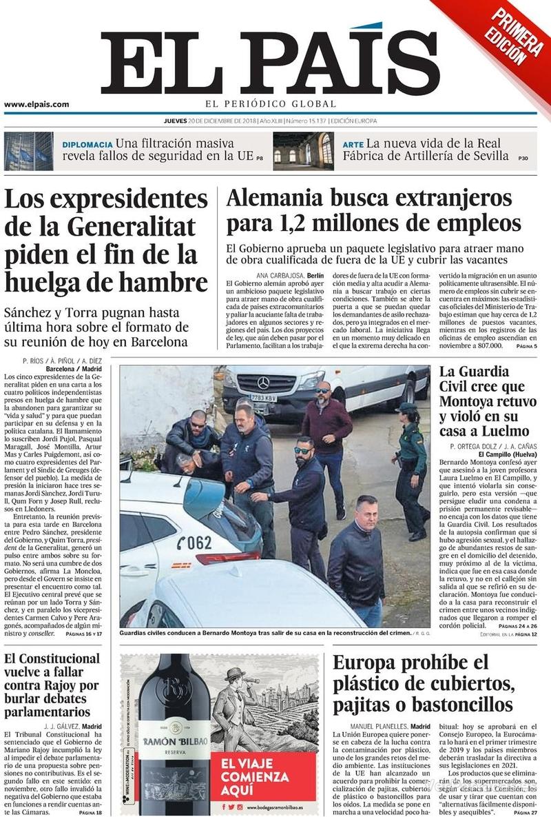 Portada El País 2018-12-21