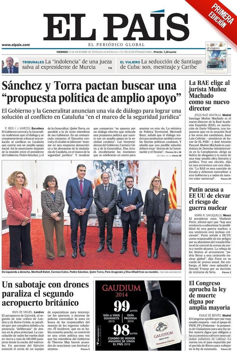 Portada El País 2018-12-22