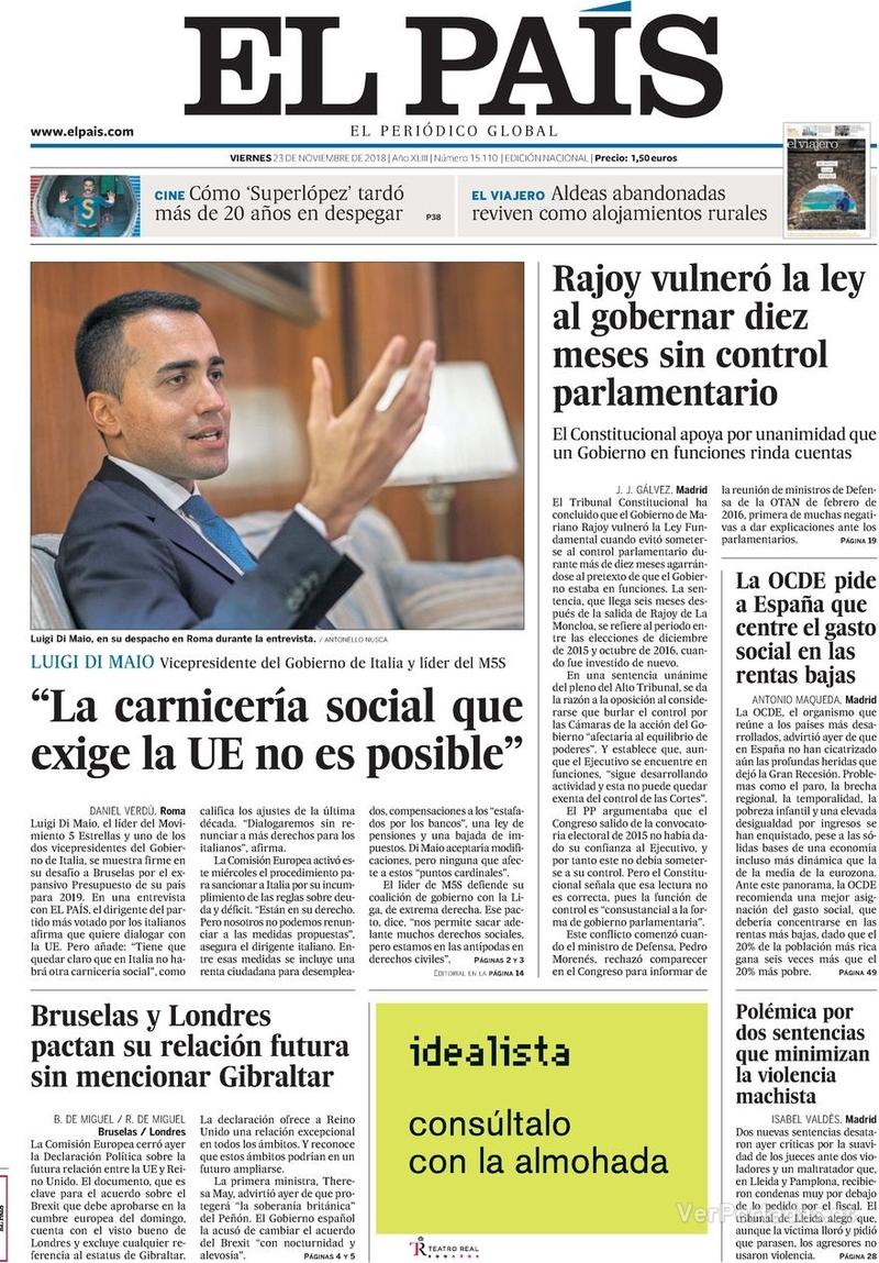 Portada El País 2018-11-24