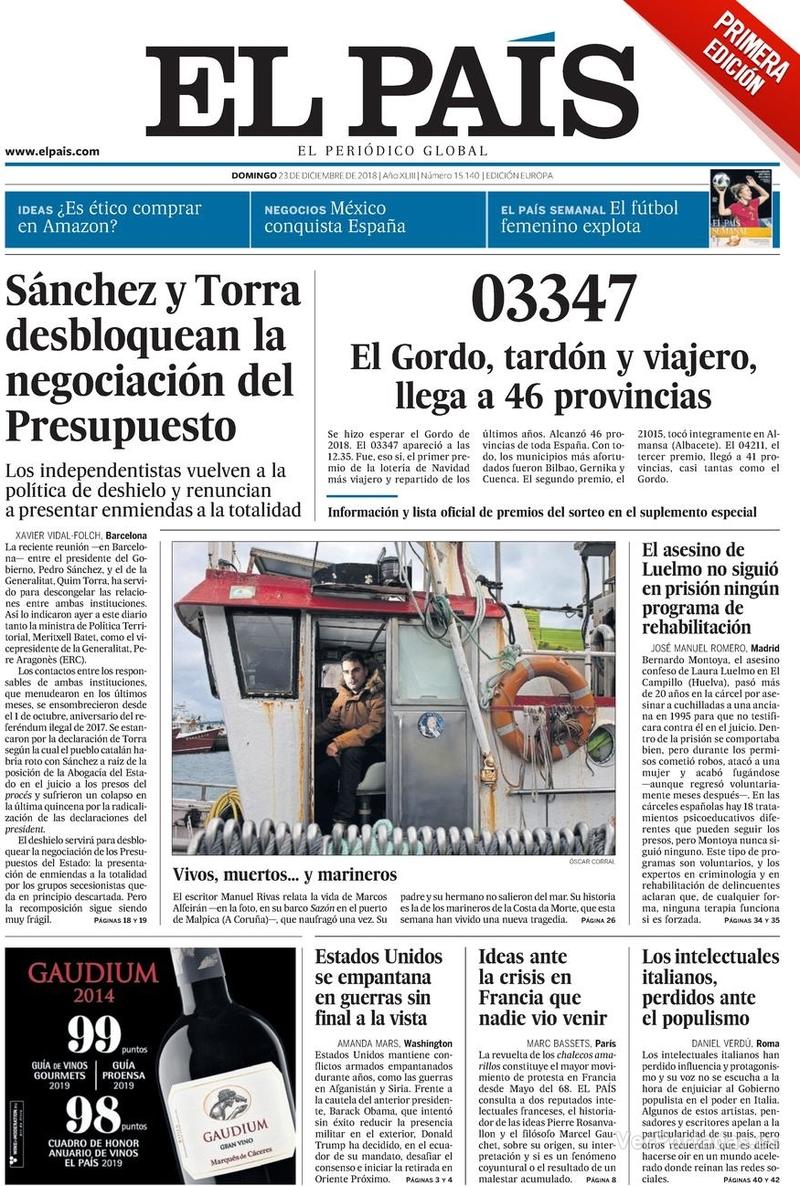 Portada El País 2018-12-24