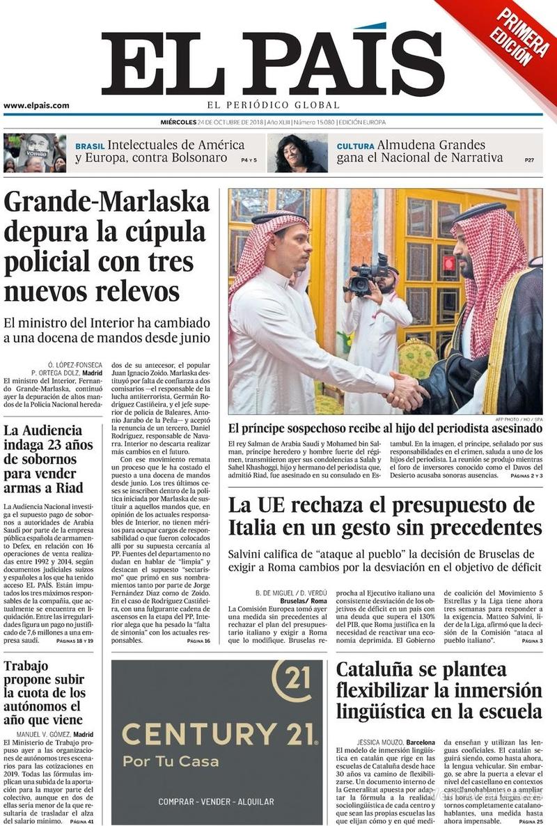 Portada El País 2018-10-25