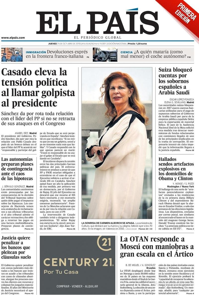 Portada El País 2018-10-26