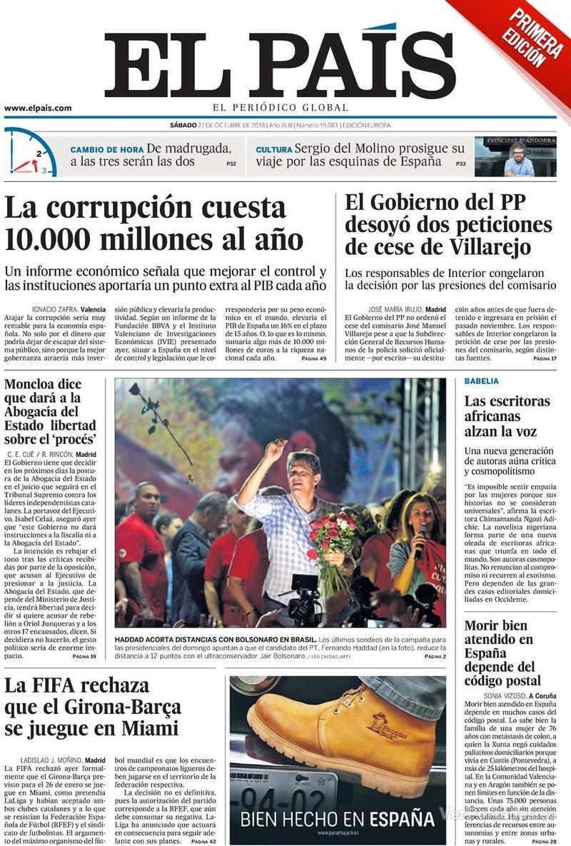 Portada El País 2018-10-28