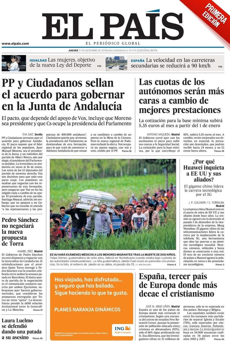 Portada El País 2018-12-28