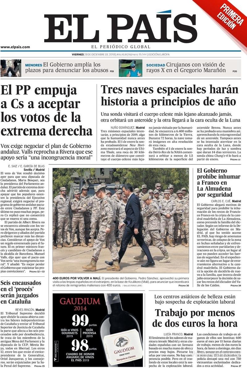 Portada El País 2018-12-29
