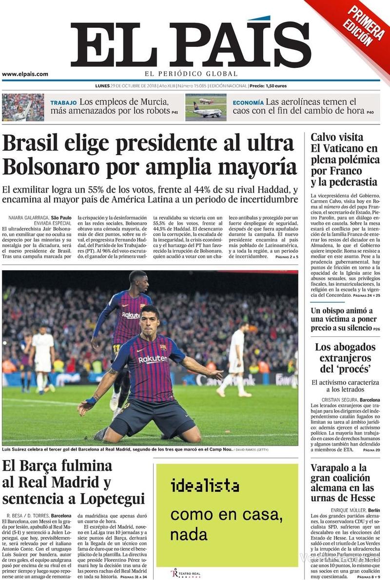 Portada El País 2018-10-30