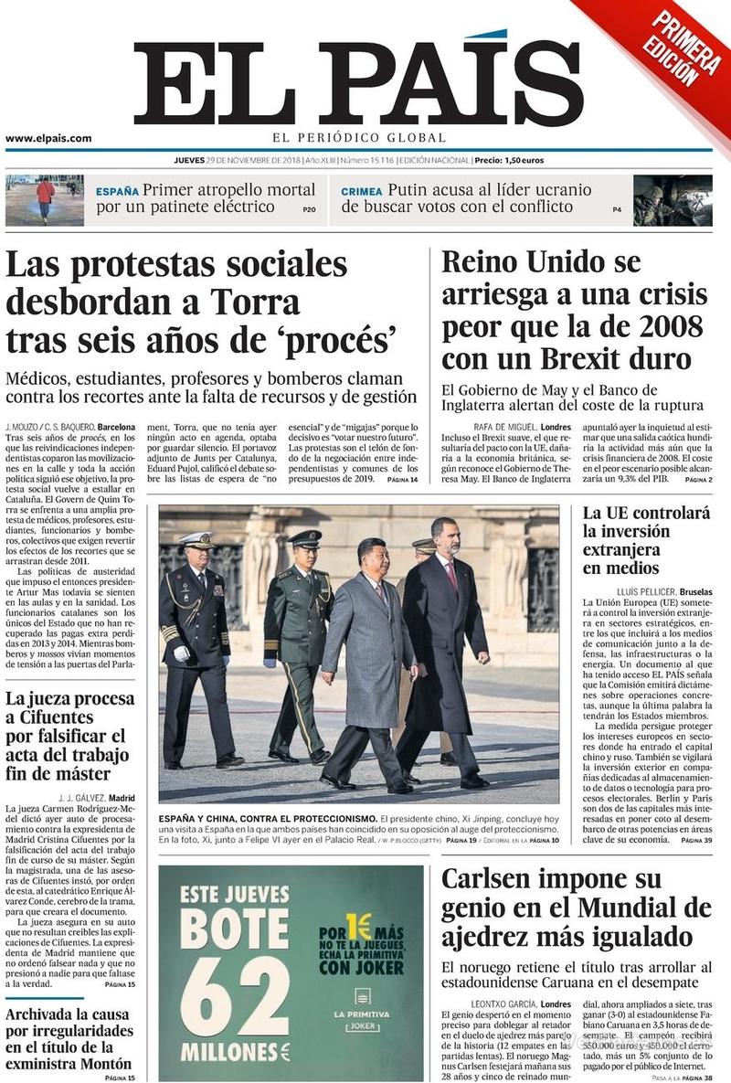 Portada El País 2018-11-30