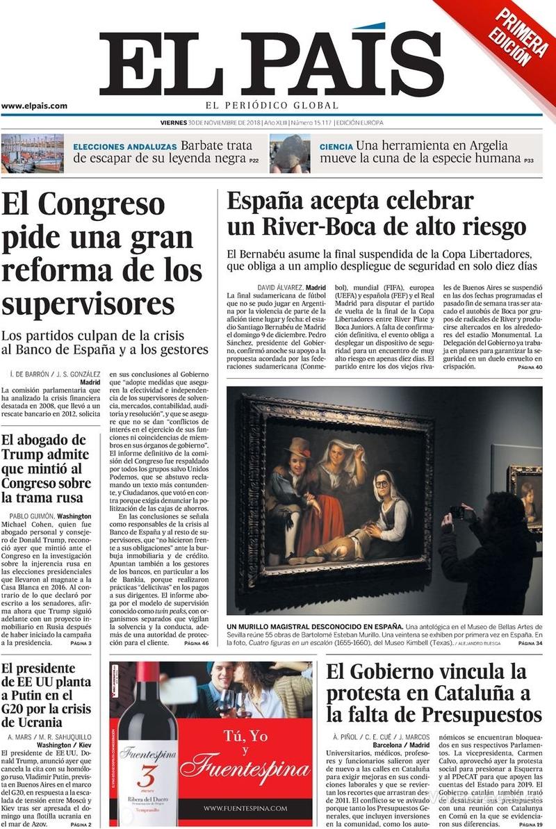 Portada El País 2018-12-01