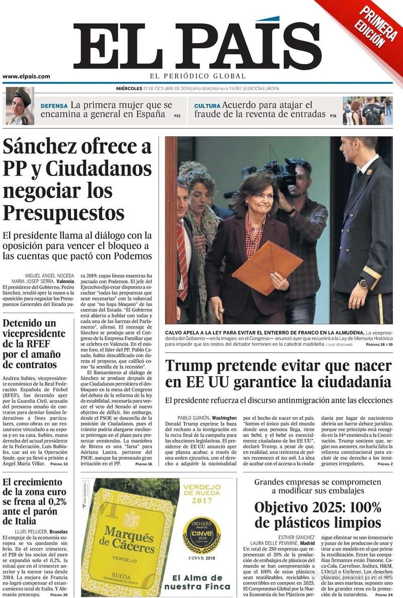 Portada El País 2018-11-01