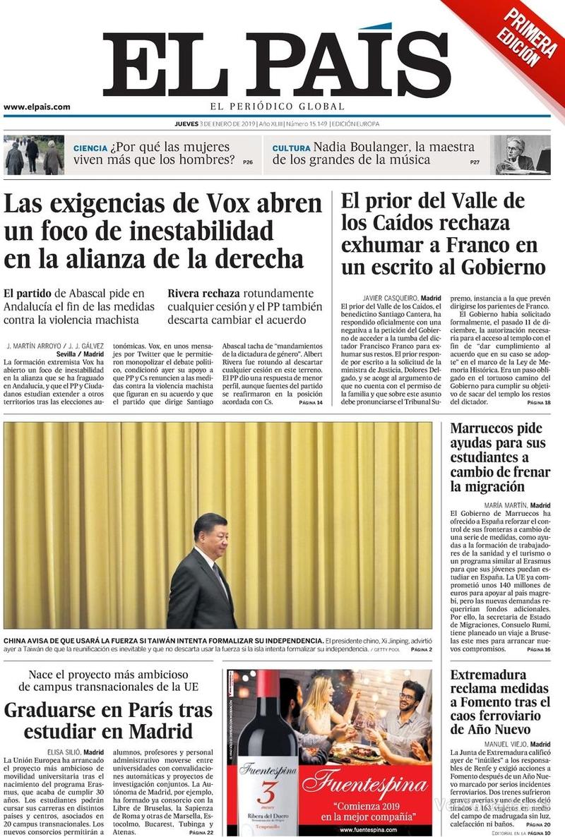 Portada El País 2019-01-04