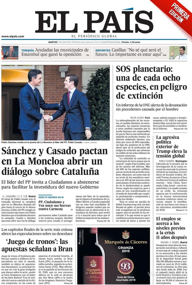 Portada El País 2019-05-08
