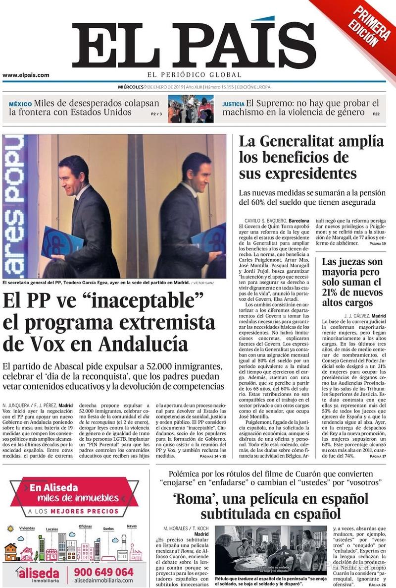 Portada El País 2019-01-10