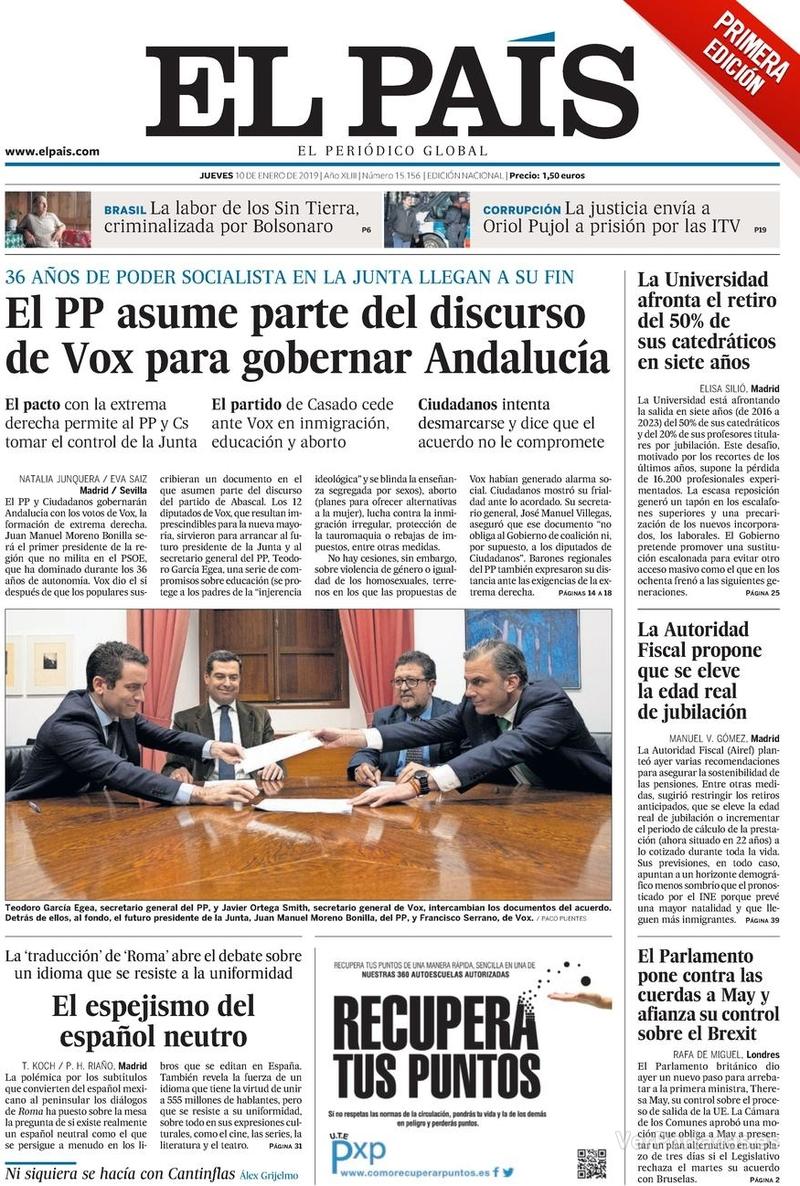 Portada El País 2019-01-11