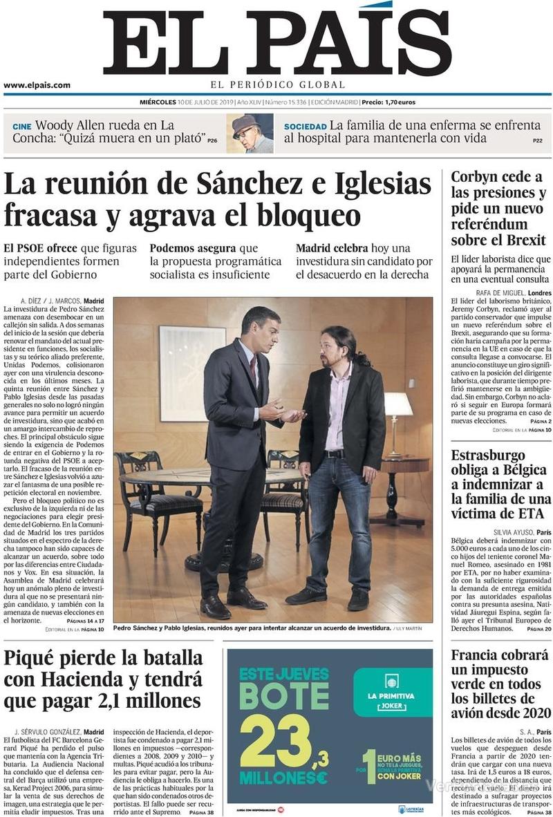 Portada El País 2019-07-11