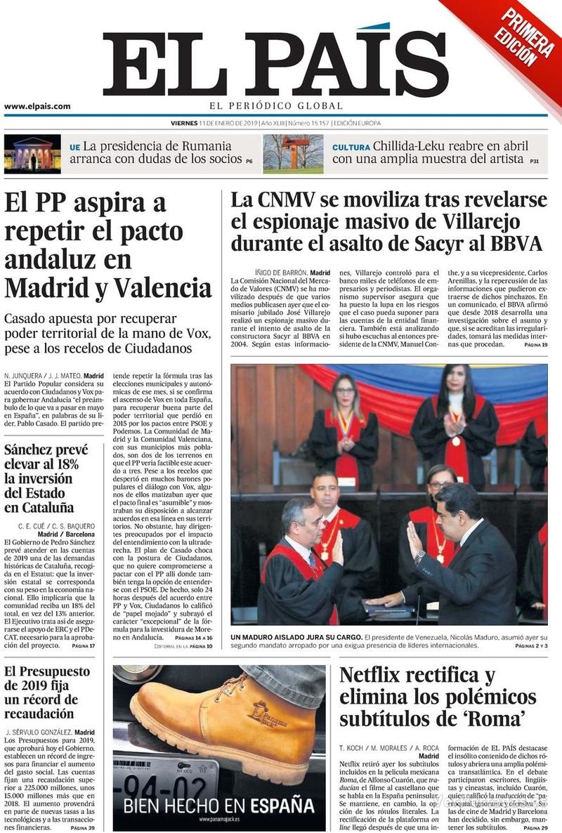 Portada El País 2019-01-12