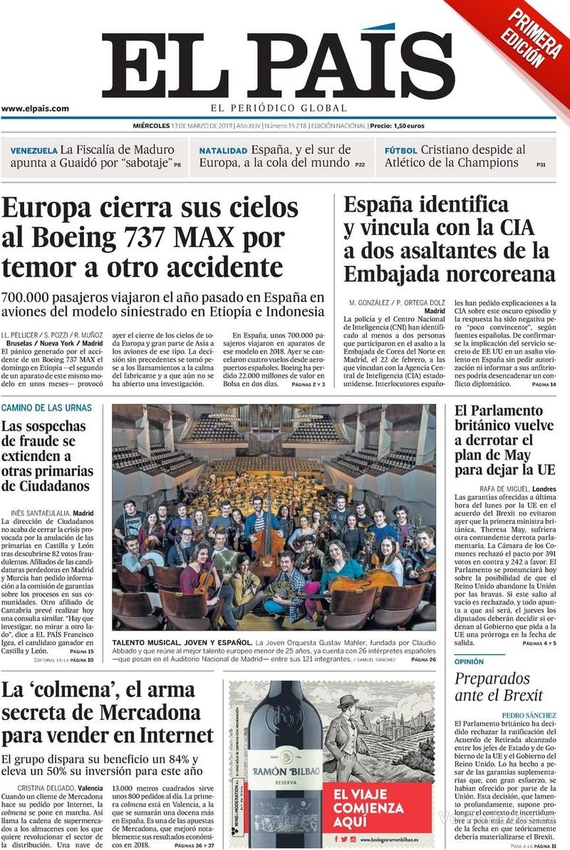 Portada El País 2019-03-14