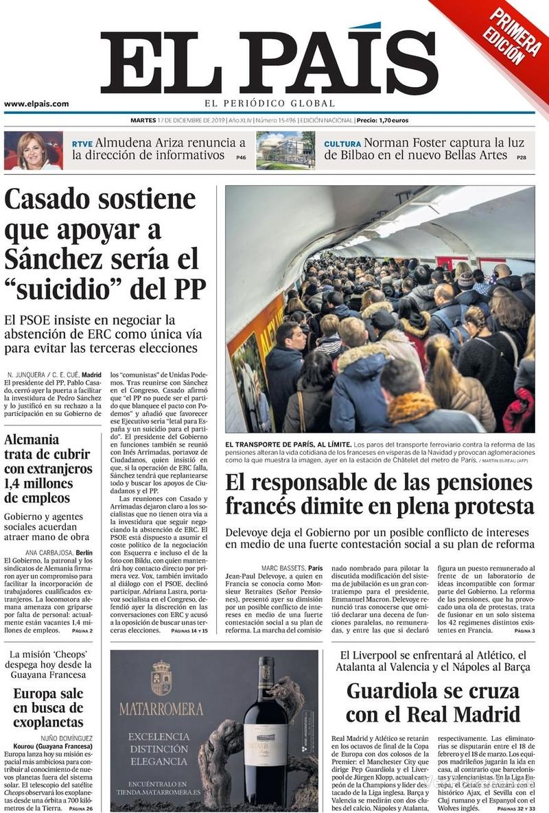 Portada El País 2019-12-18