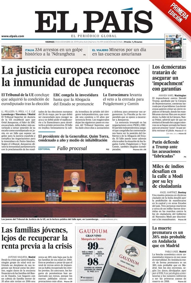Portada El País 2019-12-21