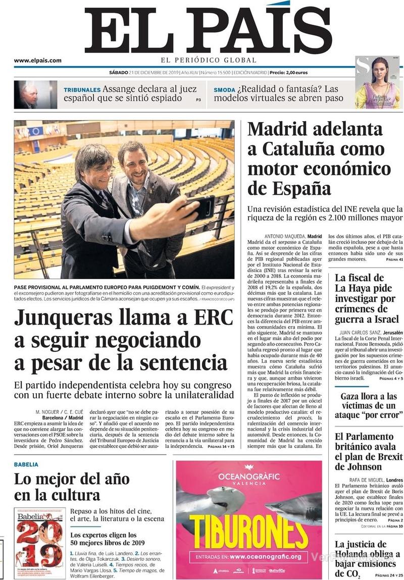 Portada El País 2019-12-22