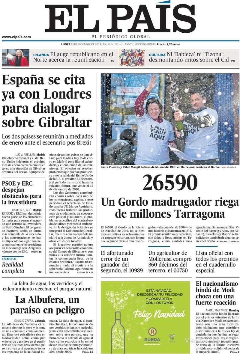 Portada El País 2019-12-24