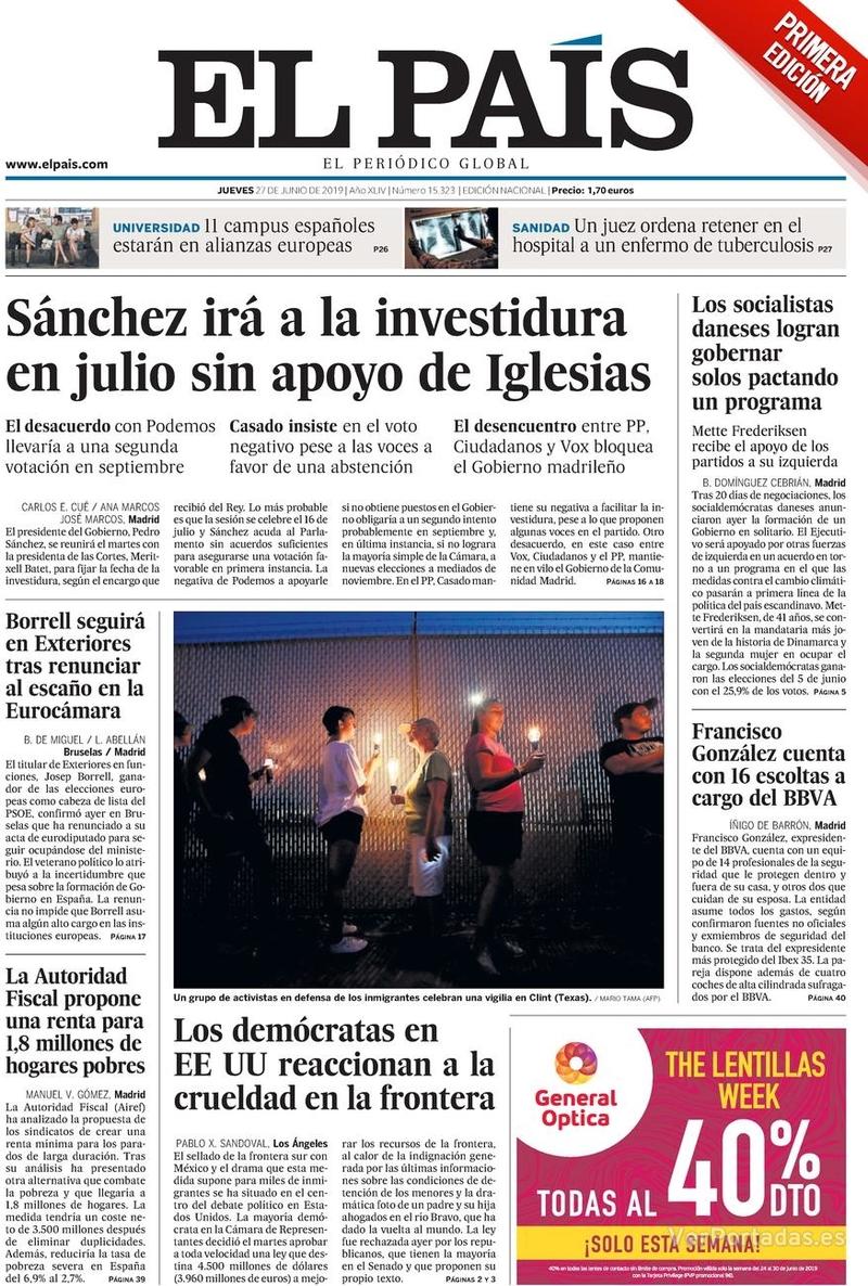 Portada El País 2019-06-28