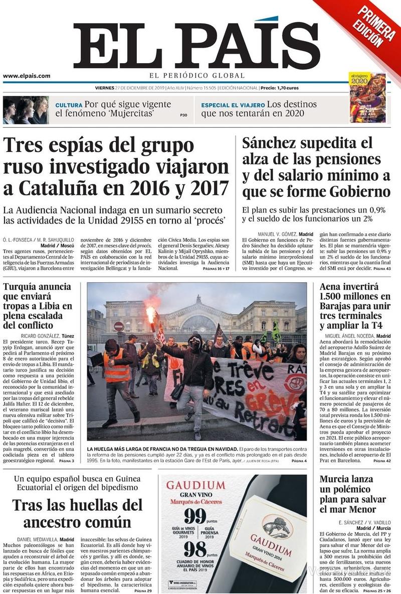 Portada El País 2019-12-28