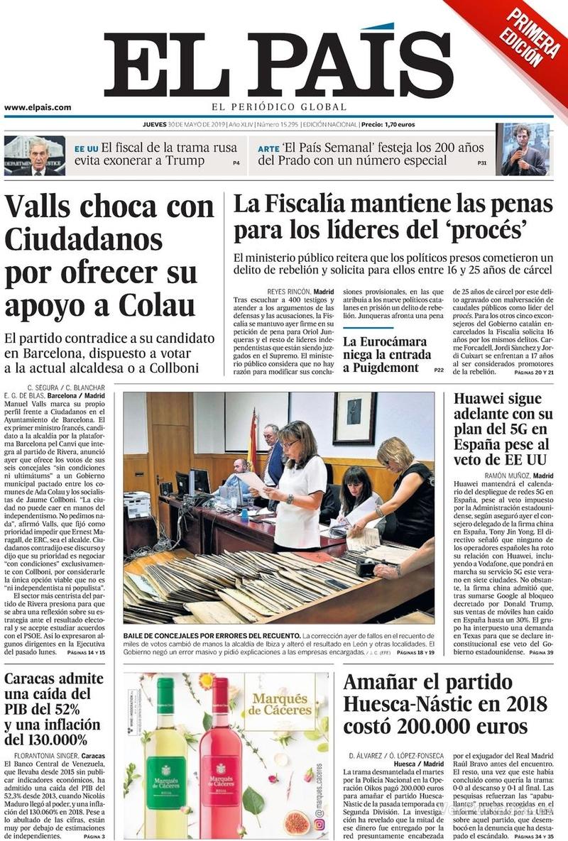 Portada El País 2019-05-31
