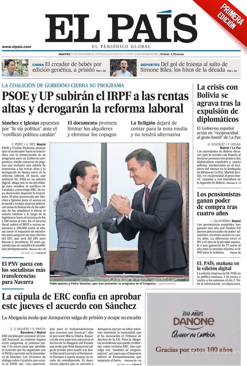 Portada El País 2020-01-02