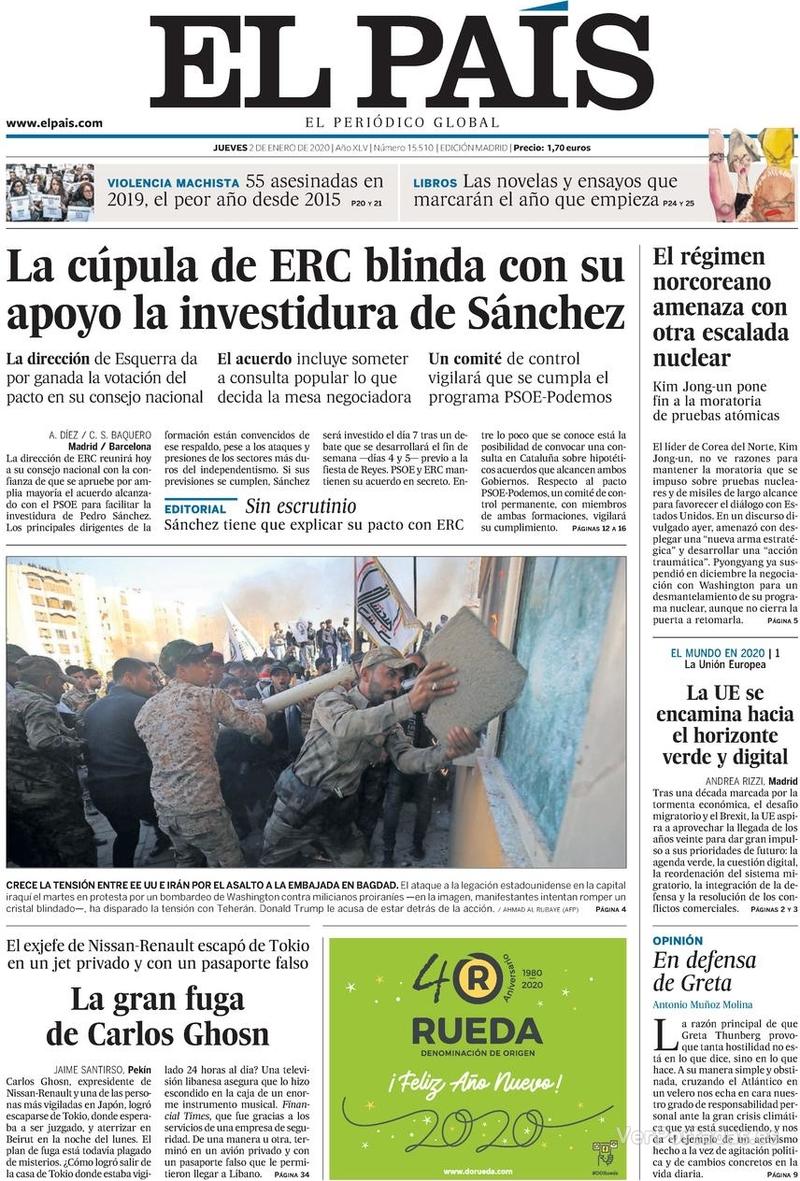 Portada El País 2020-01-03