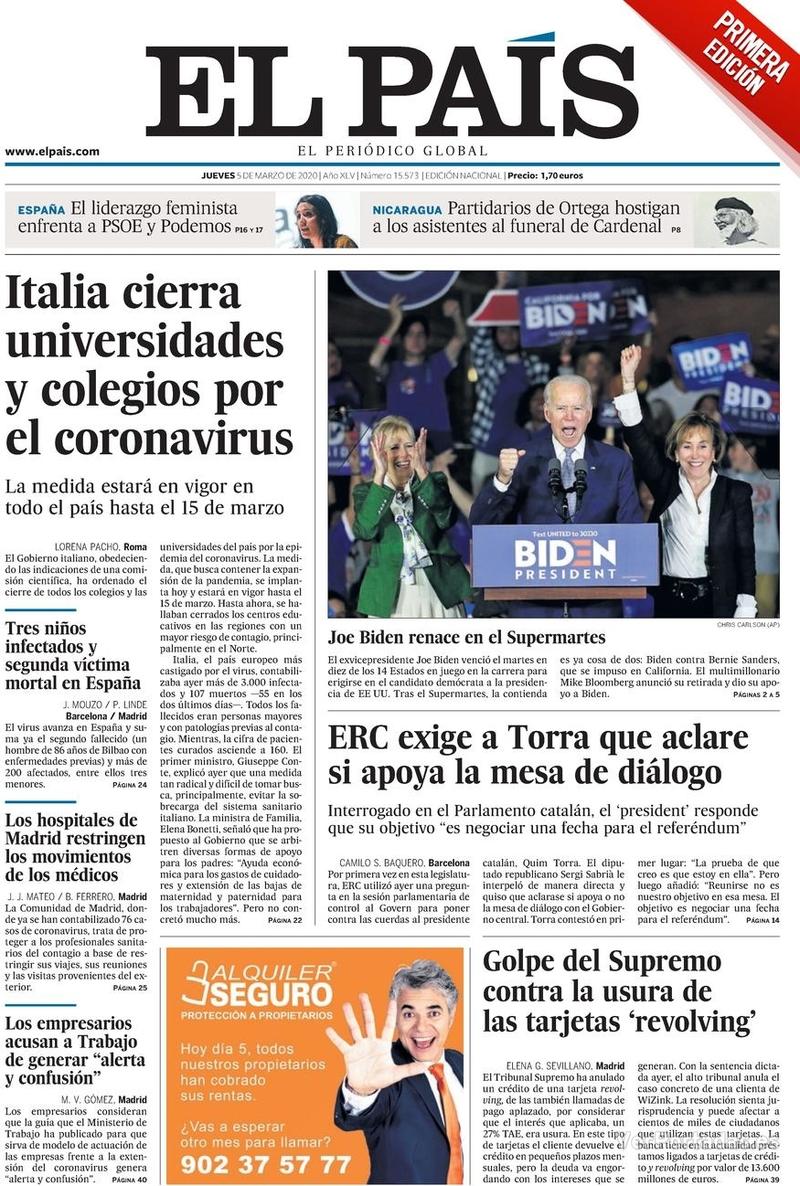 Portada El País 2020-03-06