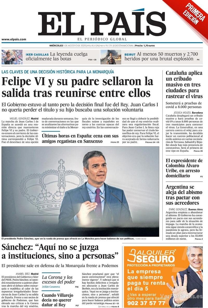 Portada El País 2020-08-06