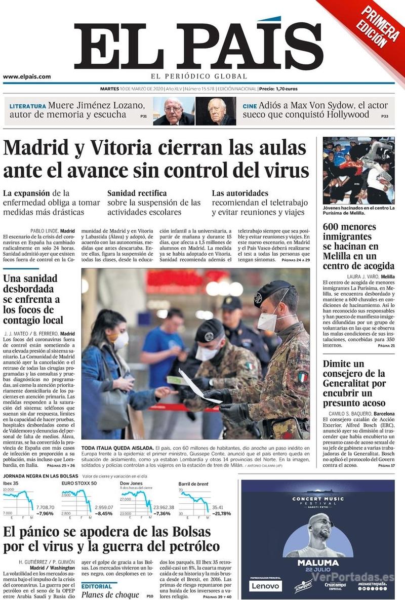 Portada El País 2020-03-11