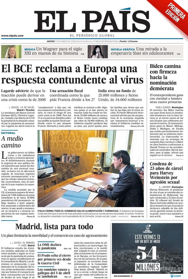 Portada El País 2020-03-13