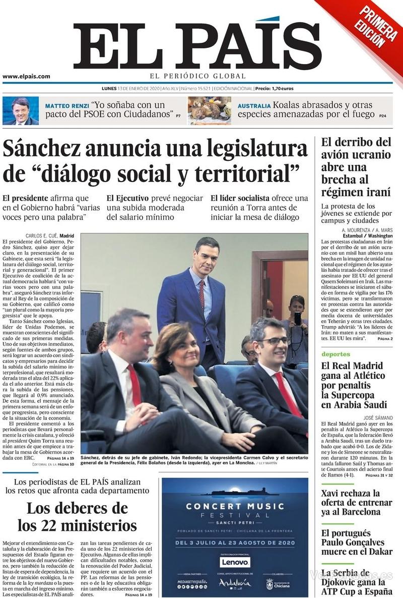 Portada El País 2020-01-14