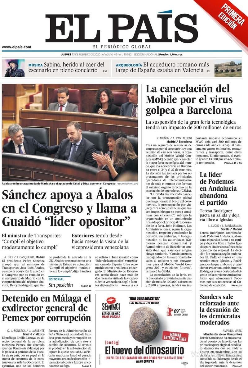Portada El País 2020-02-14